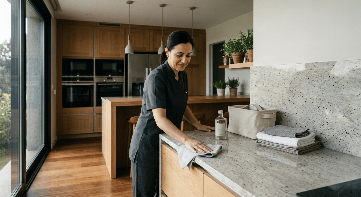 Limpieza profesional preparando una cocina para la siguiente estancia
